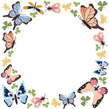 Vector round spring frame with butterflies. Summer tropical moths, insects. Stock Illustration
