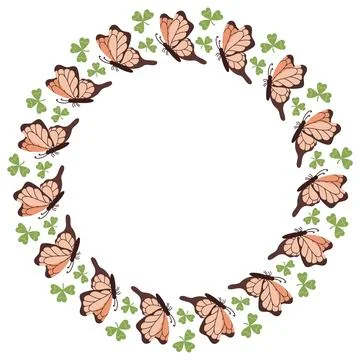 Vector round spring frame with butterflies. Summer tropical moths, insects. Stock Illustration