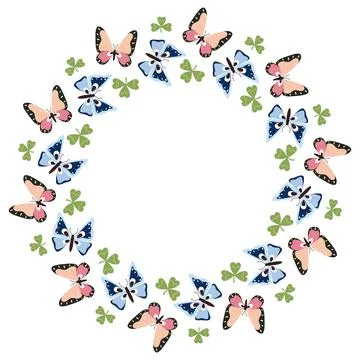 Vector round spring frame with butterflies. Summer tropical moths, insects. Stock Illustration