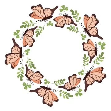 Vector round spring frame with butterflies. Summer tropical moths, insects. Stock Illustration