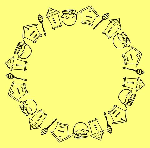 Vector round template of bee houses, honey jars and honey spatulas, hand-drawn Stock Illustration