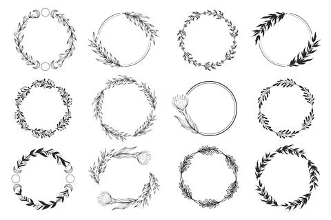 Vector round wreaths collection with hand drawn flowers, leaves and branche.. Stock Illustration
