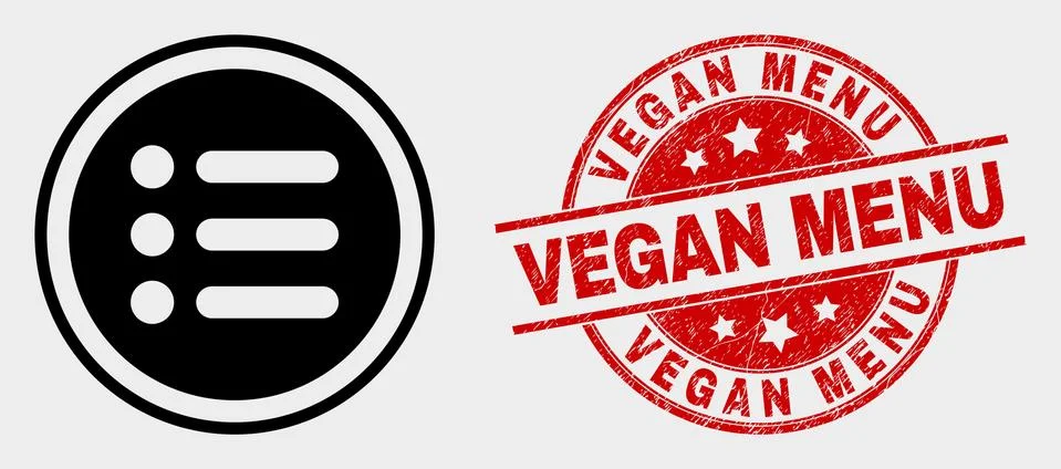 Vector Rounded Items Icon and Grunge Vegan Menu Stamp Stock Illustration
