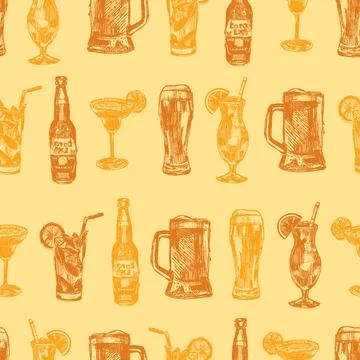 Vector rows of alcoholic drinks monochrome seamless repeat pattern with ora.. Stock Illustration