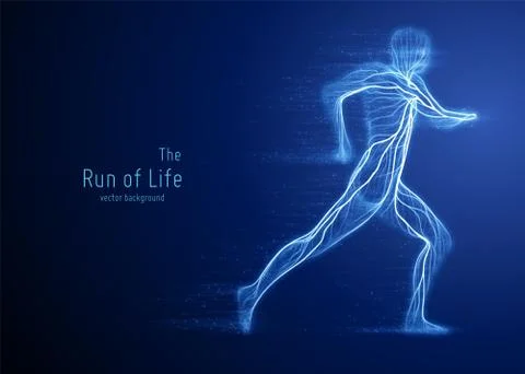 Vector running man constructed with blue lines and flowing particles. Concept Illustrazione stock
