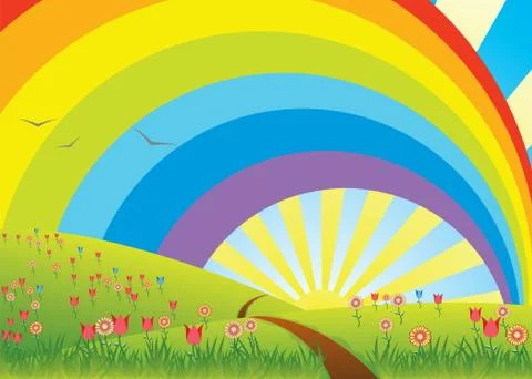 Vector rural landscape with rainbow Illustrazione stock