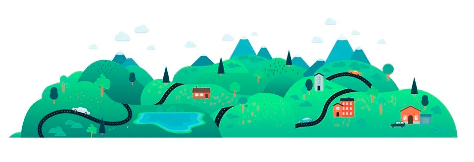 Vector rural landscape road path tree mountain Stock Illustration