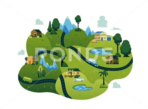 Vector rural landscape road path tree mountain Stock Illustrationen