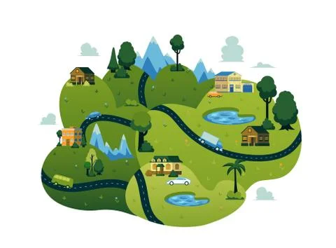 Vector rural landscape road path tree mountain Stock Illustration