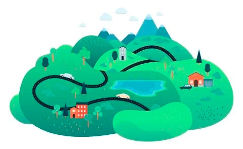 Vector rural landscape road path tree mountain Stock Illustration