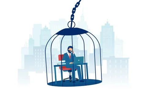 Vector of a sad business man working at desk inside a birdcage on a city back Stock Illustration