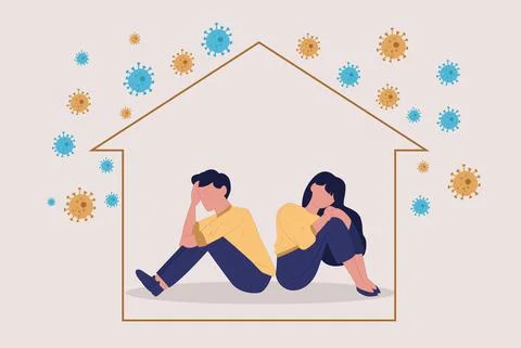 Vector of a sad depressed couple man and woman sitting back to back inside a  Stock Illustration