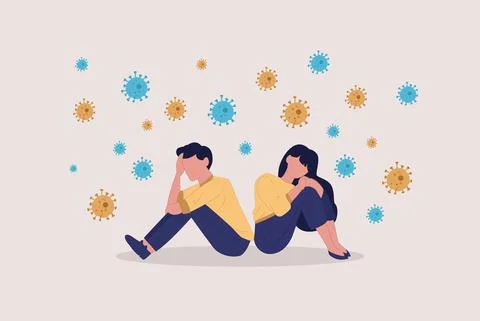 Vector of a sad depressed couple man and woman sitting back to back during CO Stock Illustration