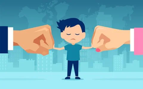 Vector of a sad little boy caught in the middle of conflicting parents Stock Illustration
