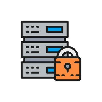 Vector safe server, protected data center, web hosting flat color line icon. Stock Illustration