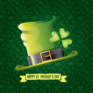 Vector saint patricks day label with glossy hat and ribbon with text isolated on Illustrazione stock