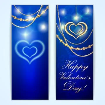 Vector Saint Valentine blue greeting card with hearts and golden jewelry Stock Illustration