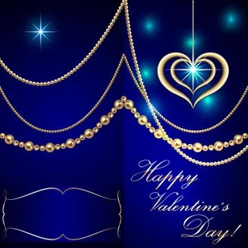 Vector Saint Valentine blue invitation card with hearts and golden jewelry Illustrazione stock