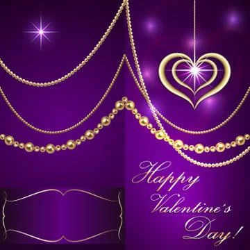 Vector Saint Valentine lilac invitation card with hearts and golden jewelry Stock Illustration
