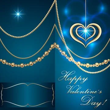 Vector Saint Valentine turquoise  invitation card with hearts and golden jewelry Illustrazione stock