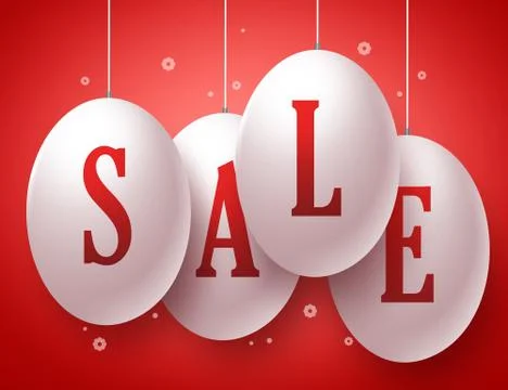 Vector Sale Text in white Eggs with strings hanging in red background Stock Illustration