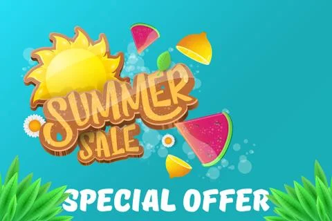 Vector sammer sale horizontal banner with text, summer green grass, flying fresh Stock Illustration