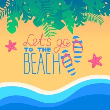 Vector sandy beach with lettering, starfish and flip flops Stock Illustration