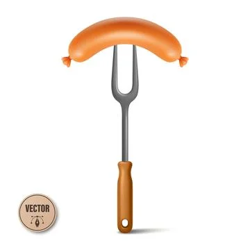 Vector Sausage on Fork with Wooden Handle Illustration. Grilled Sausage, Barb Stock-Illustration