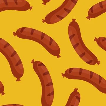 Vector Sausage Seamless Pattern. Seamless Sausage Pattern on Yellow Background Stock Illustration