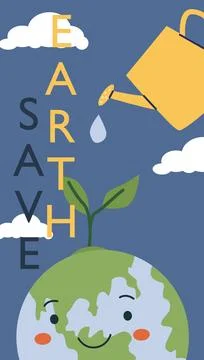 Vector save earth flyer template. Watering cane and cute earth planet, Stock Illustration