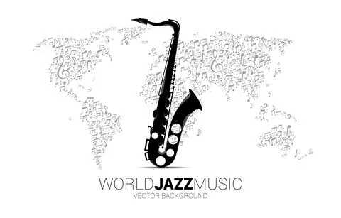 Vector saxophone and world map from music melody note dancing flow. Concept b Stock Illustration