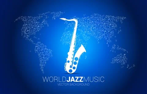 Vector saxophone and world map from music melody note dancing flow. Concept b Stockillustratie