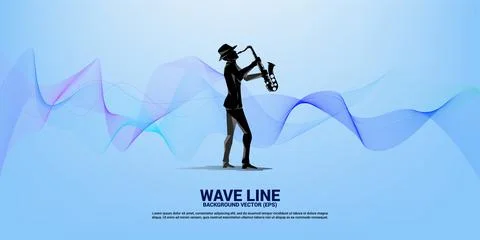 Vector saxophonist with wave from line. Concept background for jazz song and  Stock Illustration