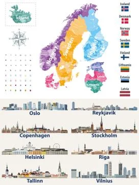 Vector Scandinavian and Baltic countries map with flags and cities skylines: Cop イラスト素材