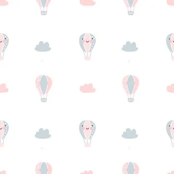 Vector scandinavian baby Seamless pattern of colorful air balloons and clouds Stockillustratie