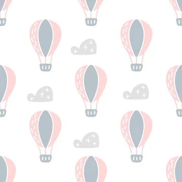 Vector scandinavian baby Seamless pattern of colorful air balloons and clouds 스톡 일러스트