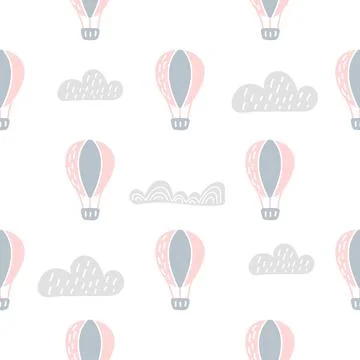 Vector scandinavian baby Seamless pattern of colorful air balloons and clouds Stockillustratie