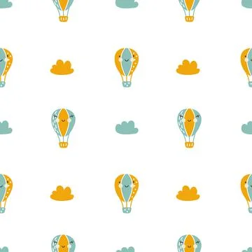 Vector scandinavian baby Seamless pattern of colorful air balloons and clouds 스톡 일러스트
