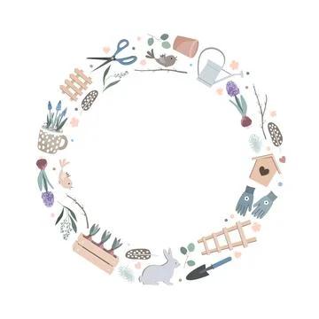 Vector Scandinavian Easter frame with spring garden tools, bunny figure, willow Illustrazione stock