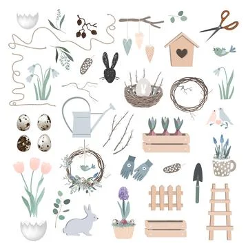 Vector Scandinavian Easter set with spring decor, garden tools, bunny figure Illustrazione stock