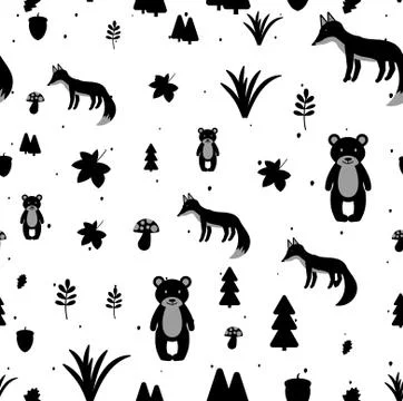 Vector Scandinavian pattern. Animals, bear, wigwam, mountains, ascetic Stock Illustration