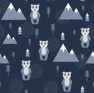 Vector Scandinavian pattern. Animals, bear, wigwam, mountains, ascetic Stock Illustration