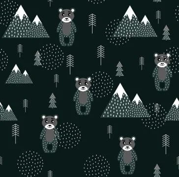 Vector Scandinavian pattern. Animals, bear, wigwam, mountains, ascetic Stock Illustration