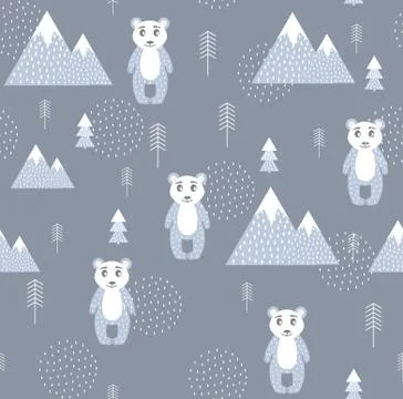 Vector Scandinavian pattern. Animals, bear, wigwam, mountains, ascetic Stock Illustration