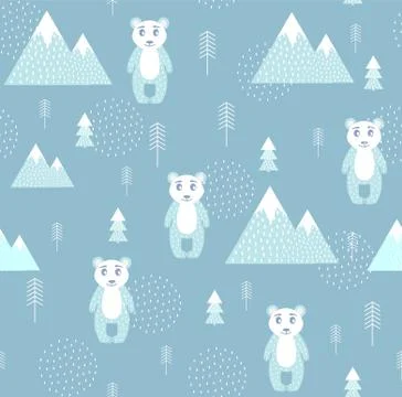 Vector Scandinavian pattern. Animals, bear, wigwam, mountains, ascetic Stock Illustration