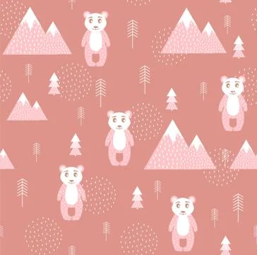 Vector Scandinavian pattern. Animals, bear, wigwam, mountains, ascetic Stock Illustration