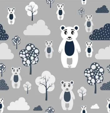 Vector Scandinavian pattern. Animals, bear, wigwam, mountains, ascetic Stock Illustration