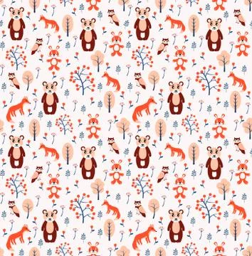 Vector Scandinavian pattern. Animals, fox, bear, wigwam, mountains, ascetic Stock Illustration