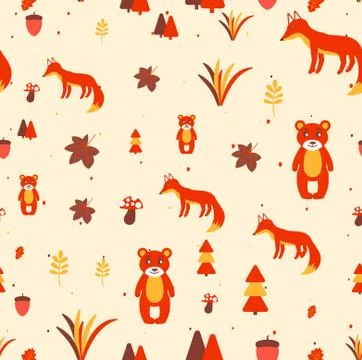 Vector Scandinavian pattern. Animals, fox, bear, wigwam, mountains, ascetic Stock Illustration