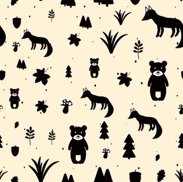 Vector Scandinavian pattern. Animals, fox, bear, wigwam, mountains, ascetic Stock Illustration